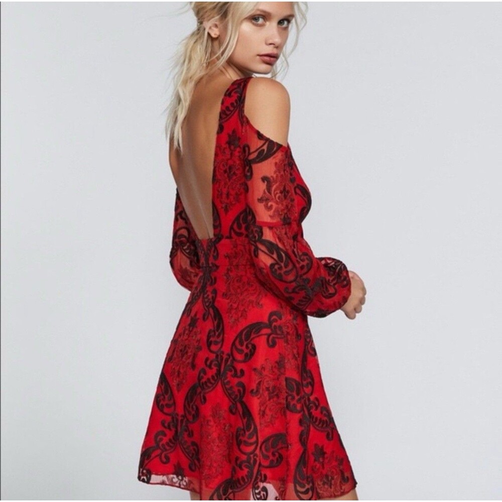 Free People Want To Want Me Red Embroidered Cold Shoulder Dress 10 Romantic